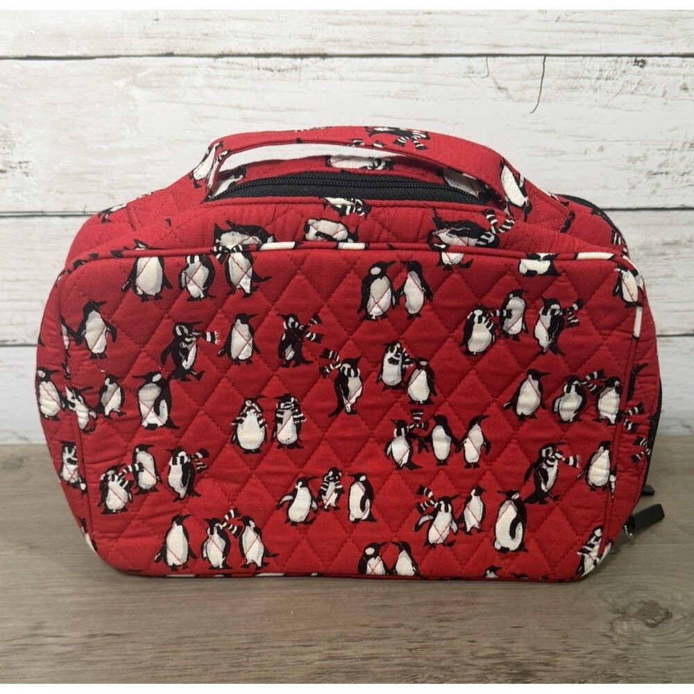 VERA BRADLEY BLUSH & BRUSH MAKEUP CASE TRAVEL BAG PLAYFULL PENGUINS RED